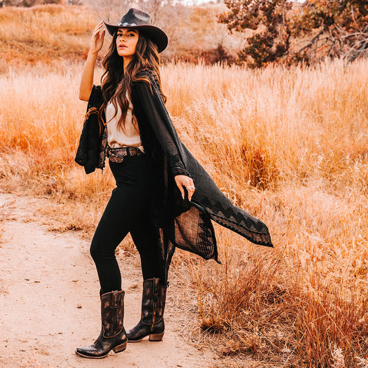 FREEBIRD women's Wilson Black leather western boot with snip toe construction, intricate shaft and toe stitching, and half zip closure lifestyle
