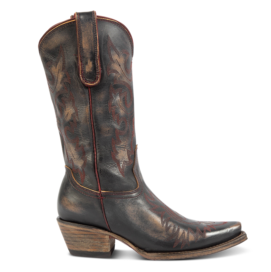 FREEBIRD women's Wilson Black leather western boot with snip toe construction, intricate shaft and toe stitching, and exterior pull strap