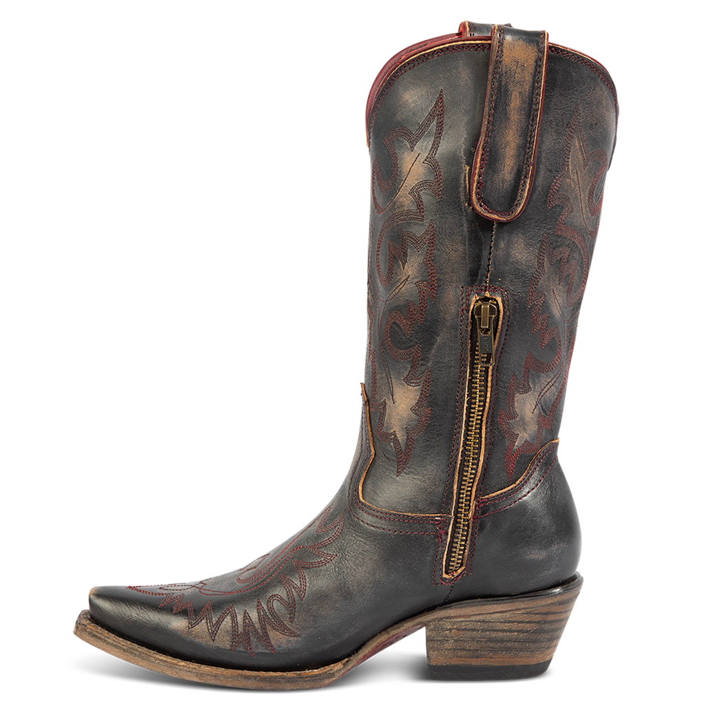 Side view showing snip toe construction, intricate shaft and toe stitching, and half zip closure on FREEBIRD women's Wilson Black leather western boot