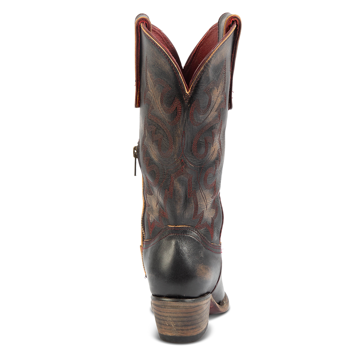 Back view showing intricate stitching and low heel on FREEBIRD women's Wilson Black western boot
