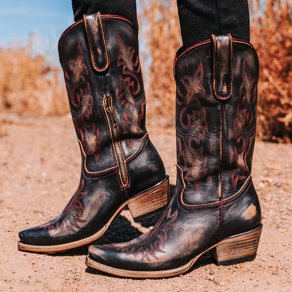 FREEBIRD women's Wilson Black leather western boot with snip toe construction, intricate shaft and toe stitching, and half zip closure