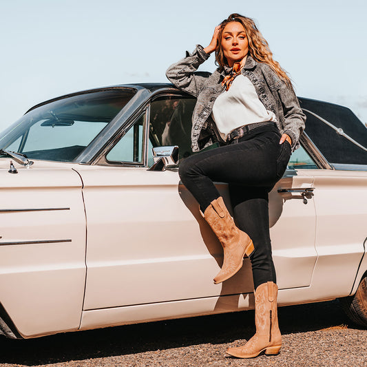 FREEBIRD women's Wilson blush suede western boot with snip toe construction, intricate shaft and toe stitching, and half zip closure lifestyle