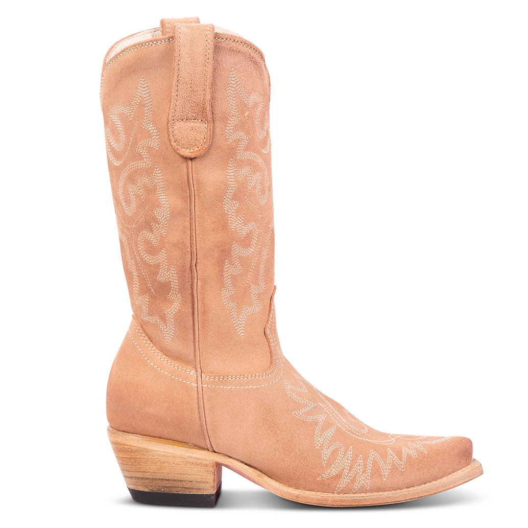 FREEBIRD women's Wilson blush suede western boot with snip toe construction, intricate shaft and toe stitching, and exterior pull strap