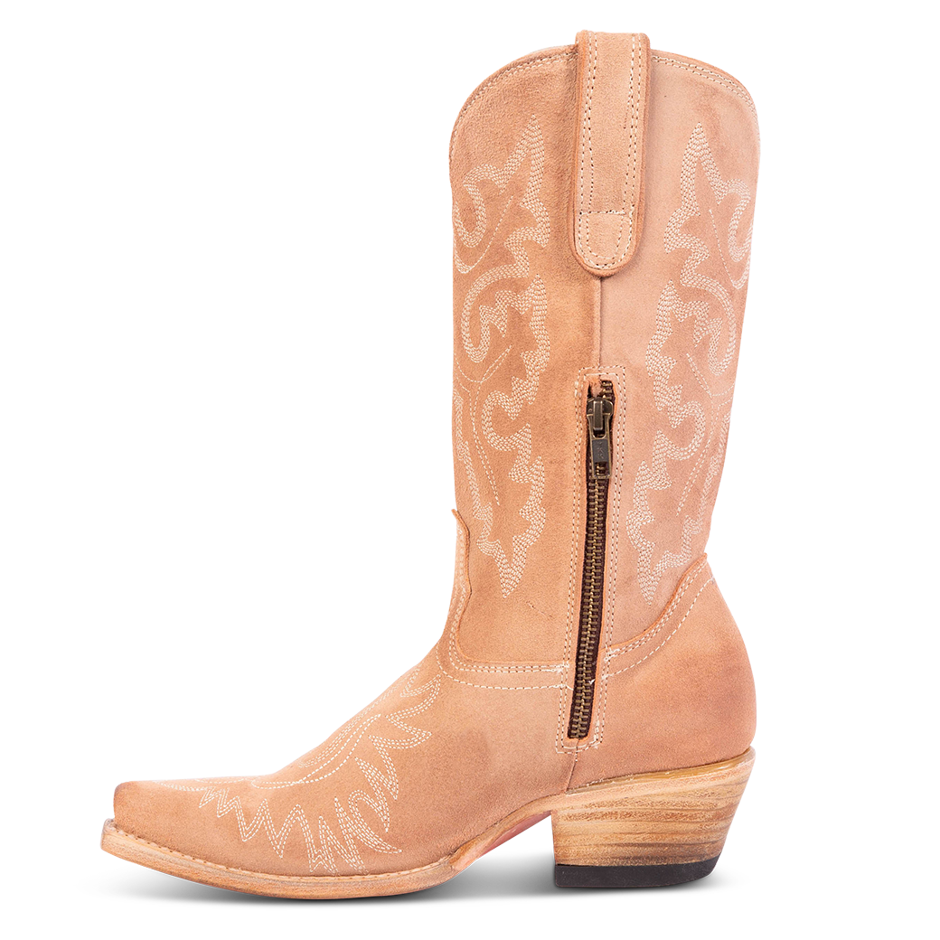 Side view showing snip toe construction, intricate shaft and toe stitching, and half zip closure on FREEBIRD women's Wilson Blush Suede western boot