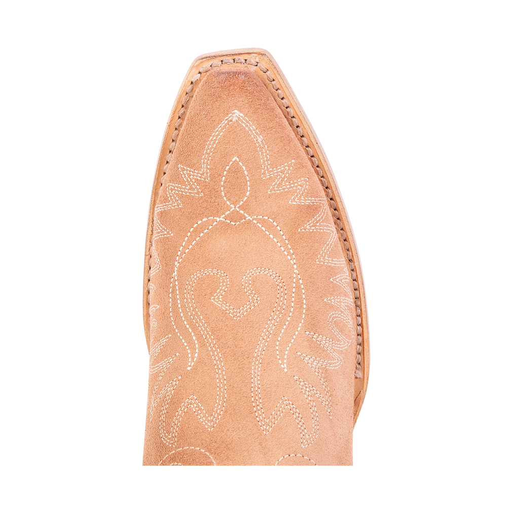 Top view showing snip toe construction and contrasting toe stitching on FREEBIRD women's Wilson blush suede western boot