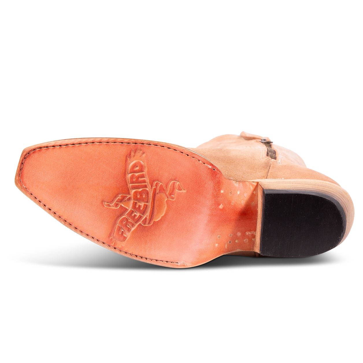 Blush leather sole imprinted with FREEBIRD on women's Wilson blush suede western boot