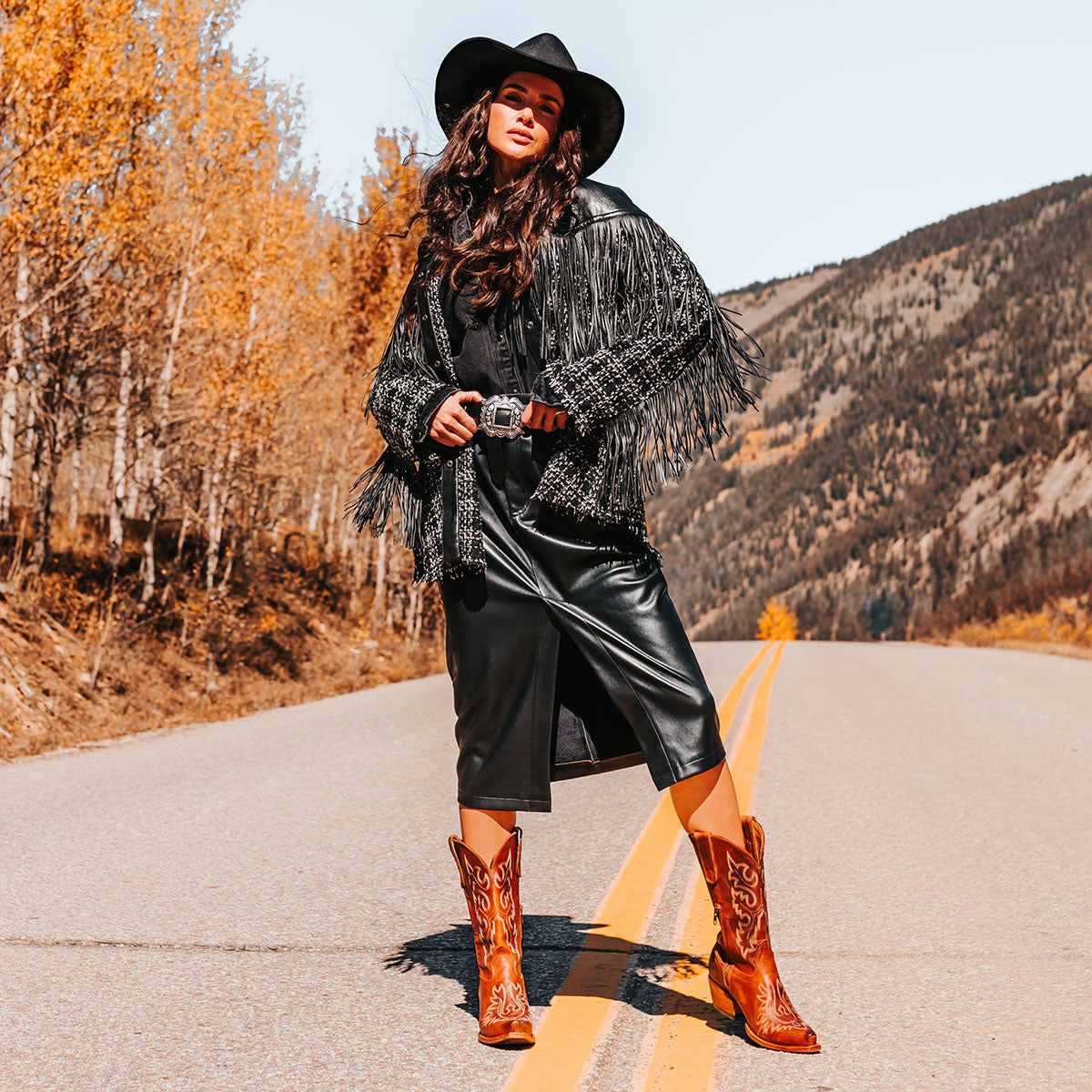 FREEBIRD women's Wilson Cognac leather western boot with snip toe construction, intricate shaft and toe stitching, and half zip closure lifestyle