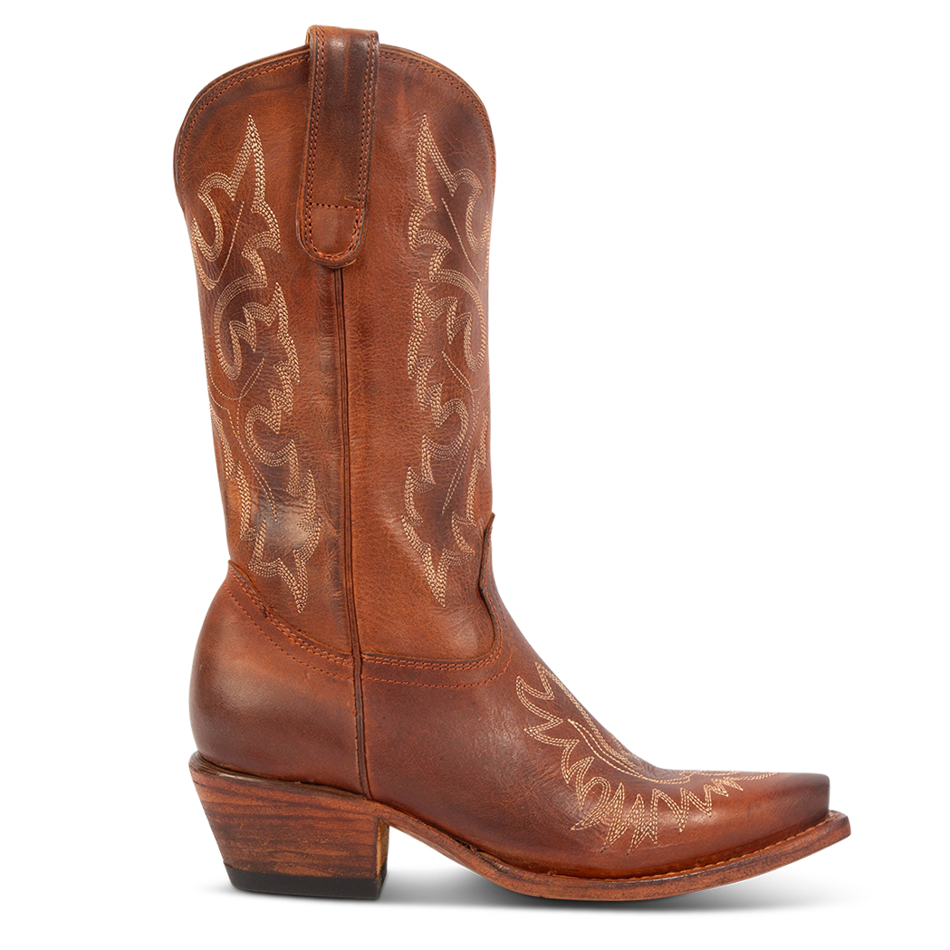 FREEBIRD women's Wilson Cognac leather western boot with snip toe construction, intricate shaft and toe stitching, and exterior pull strap