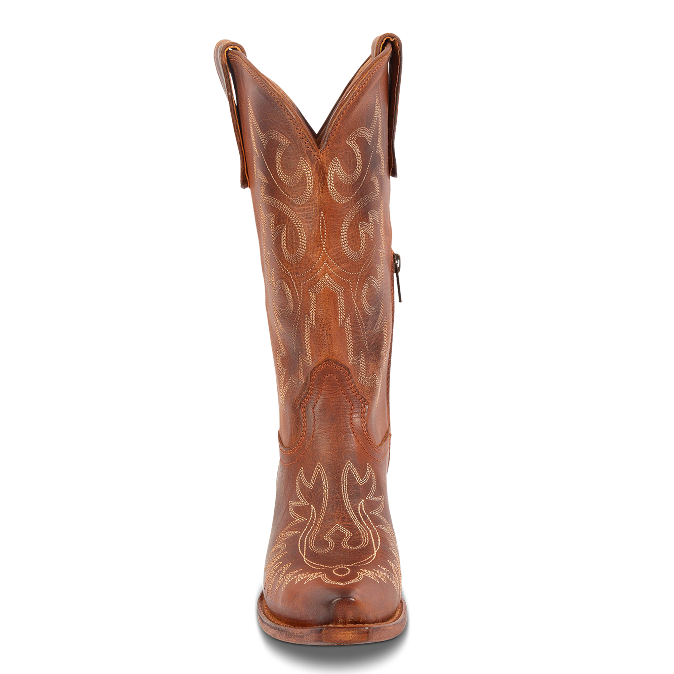 Front view showing FREEBIRD women's Wilson Cognac leather western boot with snip toe construction and intricate shaft and toe stitching