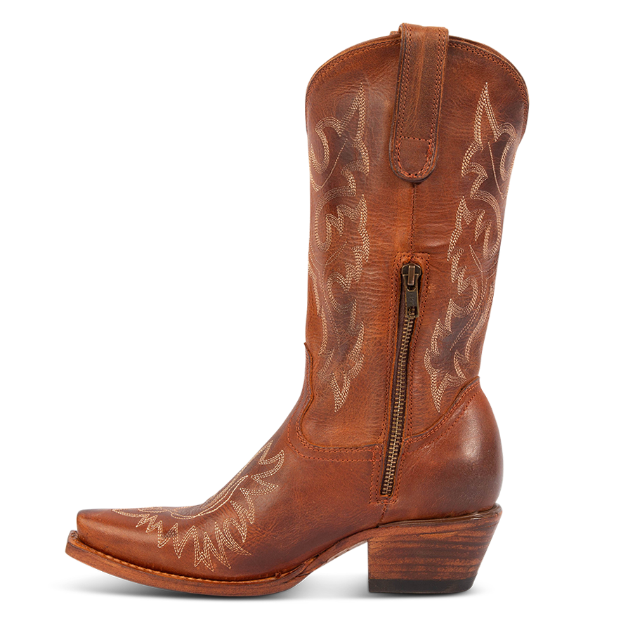 Side view showing snip toe construction, intricate shaft and toe stitching, and half zip closure on FREEBIRD women's Wilson Cognac leather western boot