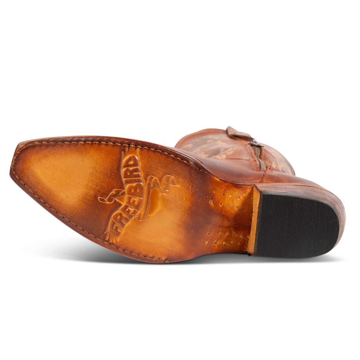 Cognac leather sole imprinted with FREEBIRD on women's Wilson Cognac leather western boot