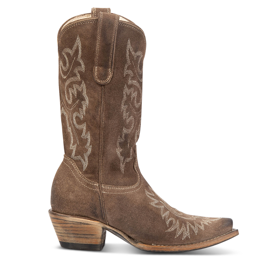 FREEBIRD women's Wilson grey suede western boot with snip toe construction, intricate shaft and toe stitching, and exterior pull strap