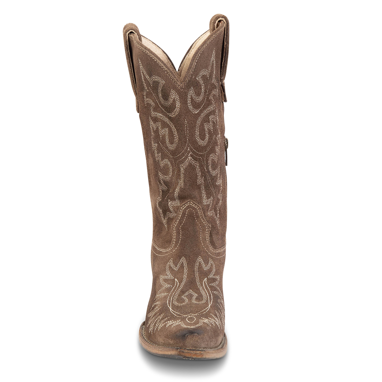 Front view showing FREEBIRD women's Wilson grey suede western boot with snip toe construction and intricate shaft and toe stitching