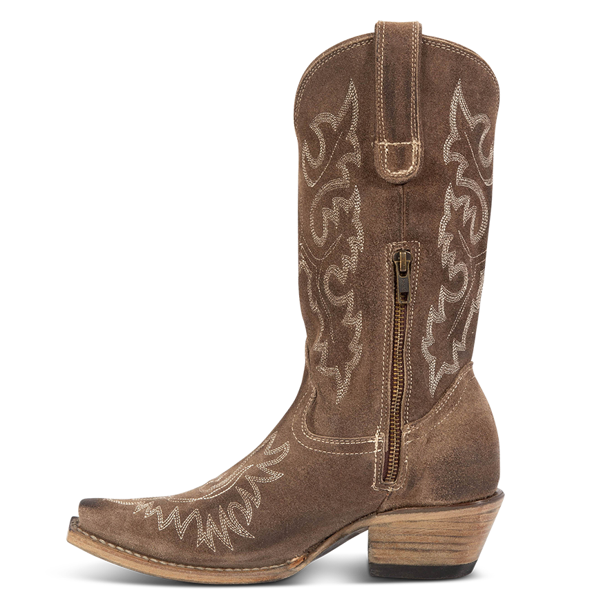 Side view showing snip toe construction, intricate shaft and toe stitching, and half zip closure on FREEBIRD women's Wilson grey Suede western boot
