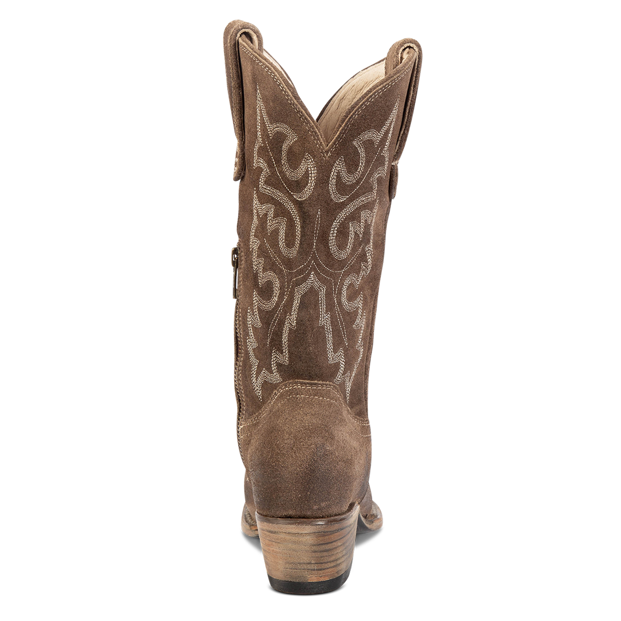 Back view showing intricate stitching and low heel on FREEBIRD women's Wilson grey suede western boot