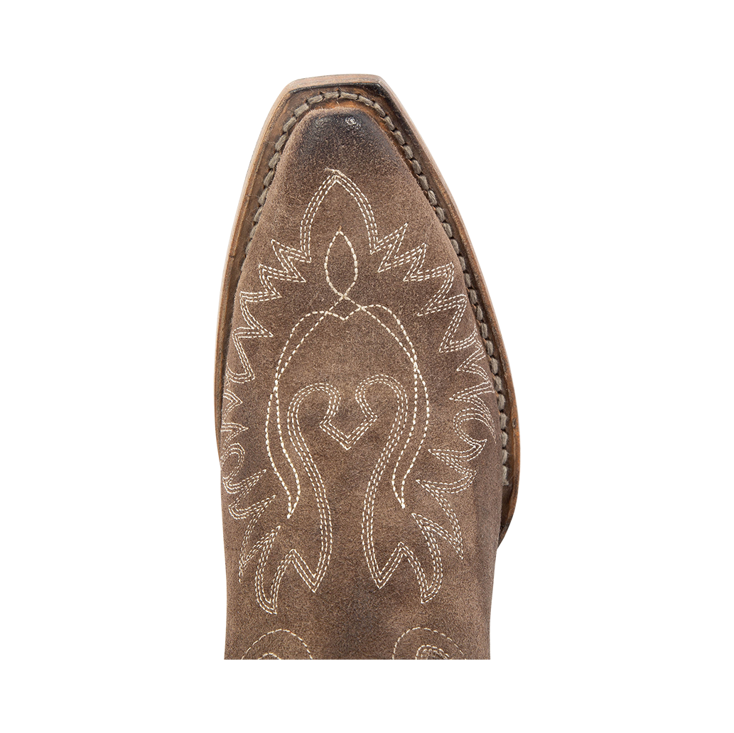 Top view showing snip toe construction and contrasting toe stitching on FREEBIRD women's Wilson grey suede western boot