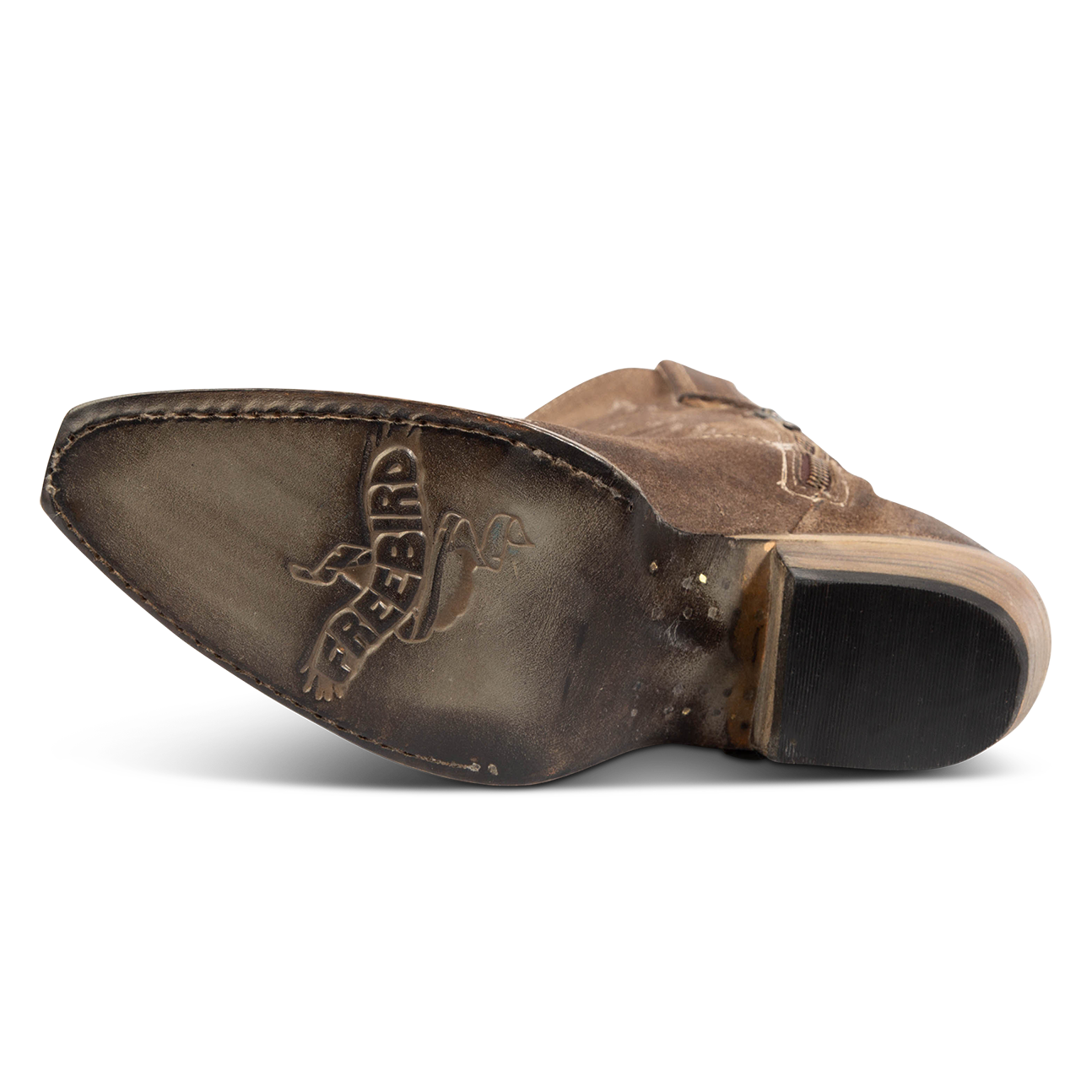 Grey leather sole imprinted with FREEBIRD on women's Wilson grey suede western boot
