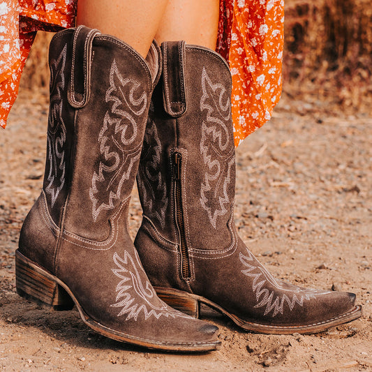 FREEBIRD women's Wilson grey suede western boot with snip toe construction, intricate shaft and toe stitching, and half zip closure