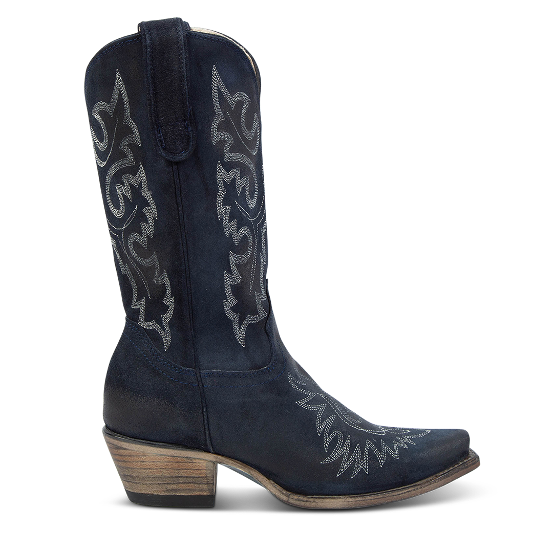 FREEBIRD women's Wilson navy suede western boot with snip toe construction, intricate shaft and toe stitching, and exterior pull strap