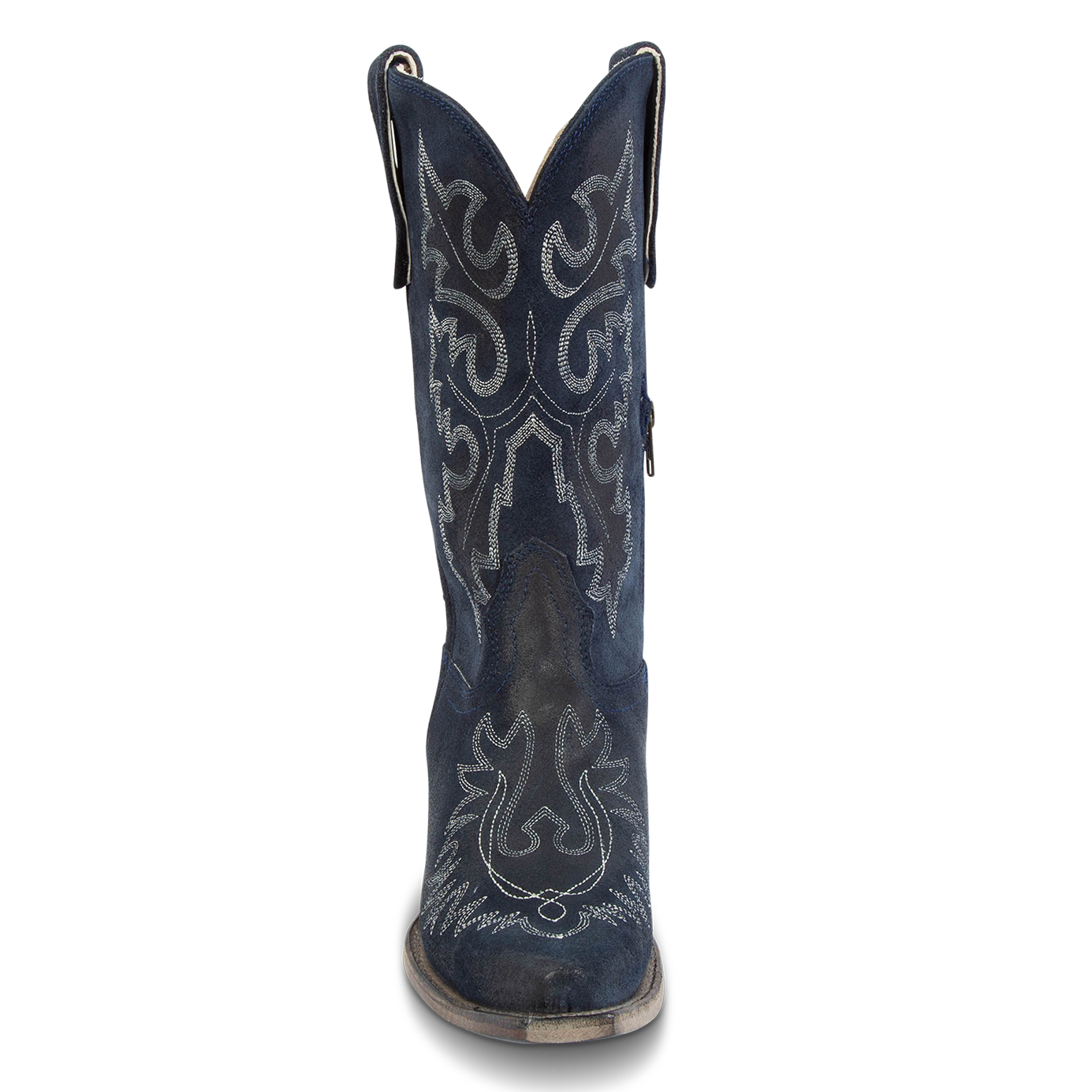 Front view showing FREEBIRD women's Wilson navy suede western boot with snip toe construction and intricate shaft and toe stitching
