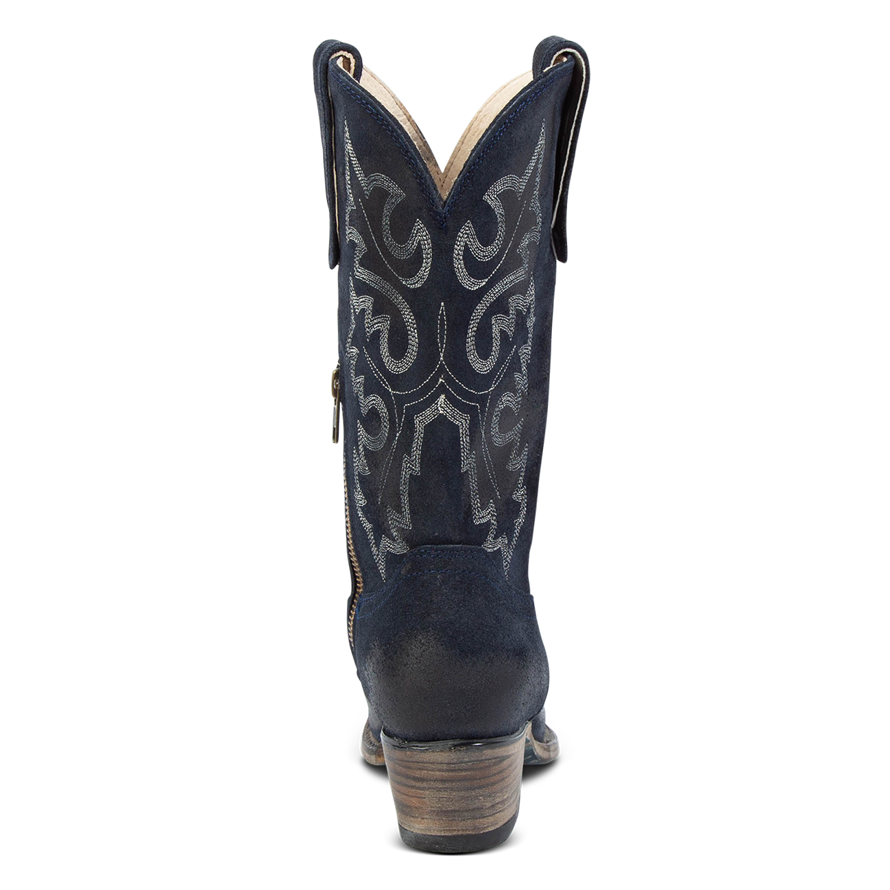 Back view showing intricate stitching and low heel on FREEBIRD women's Wilson navy suede western boot