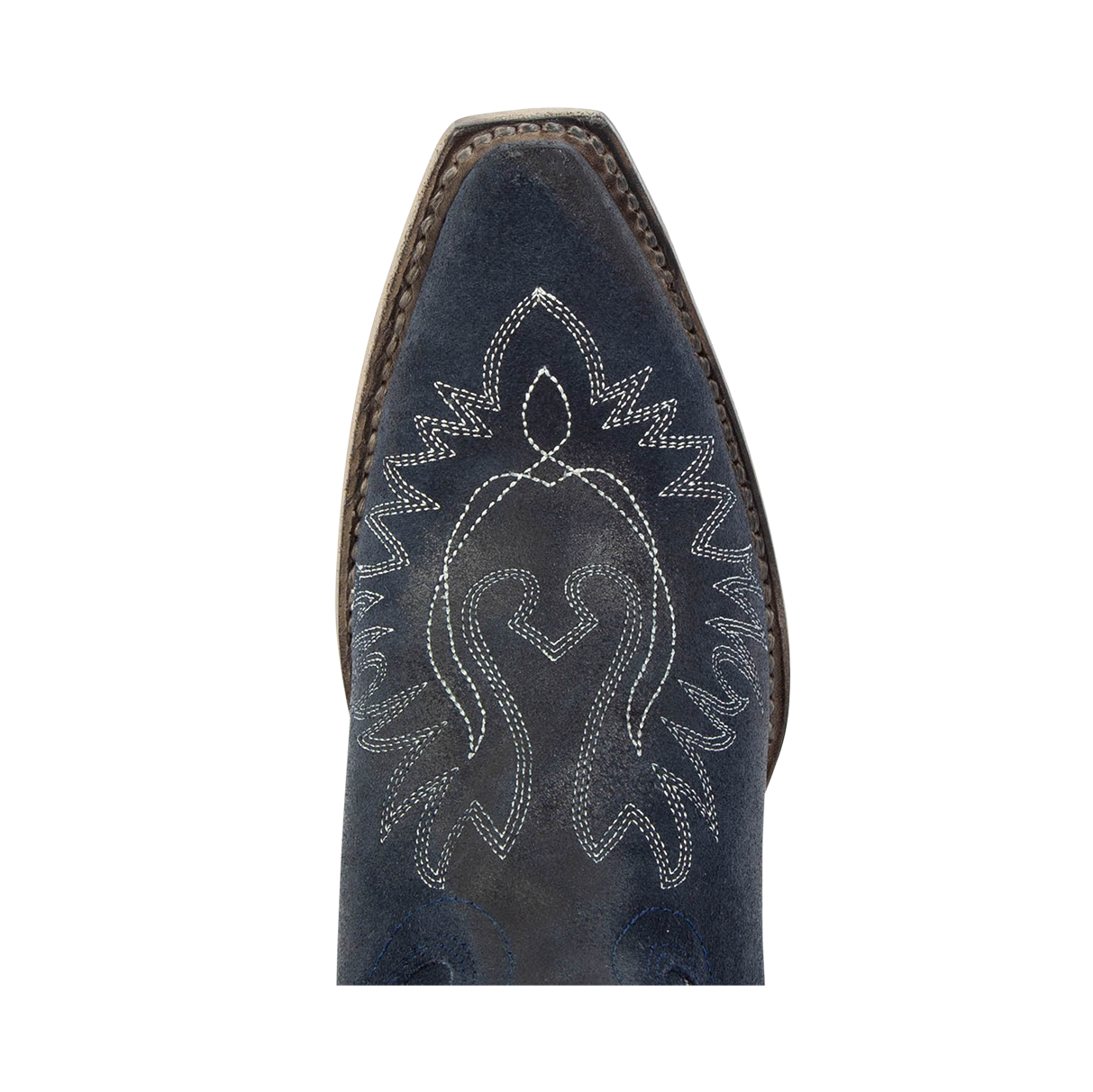 Top view showing snip toe construction and contrasting toe stitching on FREEBIRD women's Wilson navy suede western boot
