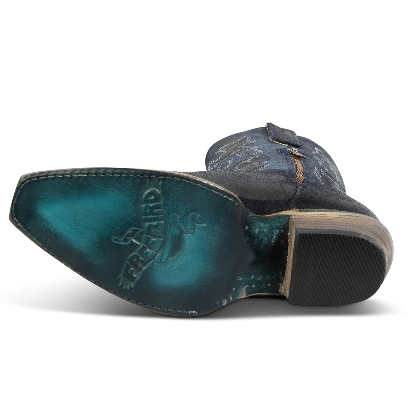 Navy leather sole imprinted with FREEBIRD on women's Wilson blush suede western boot