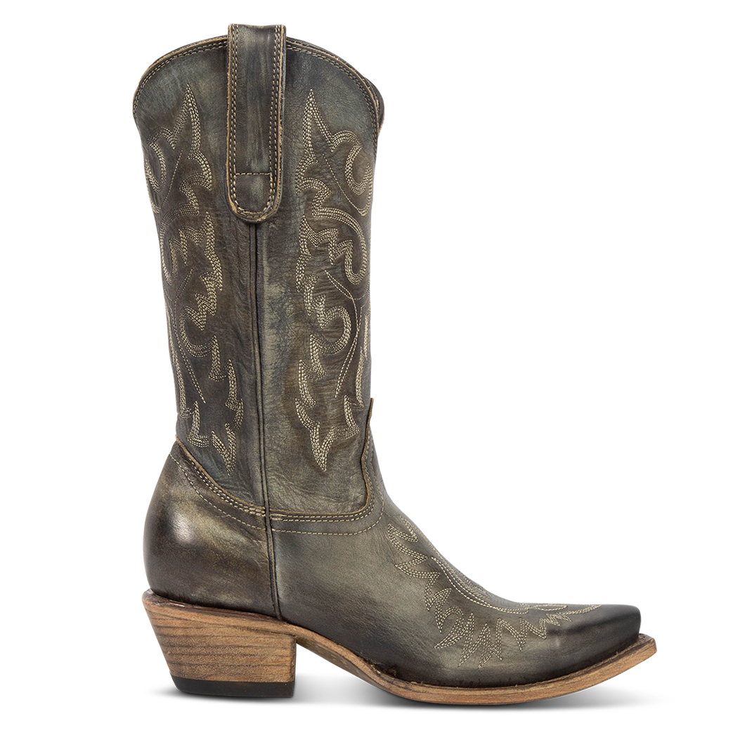 FREEBIRD women's Wilson olive leather western boot with snip toe construction, intricate shaft and toe stitching, and exterior pull strap