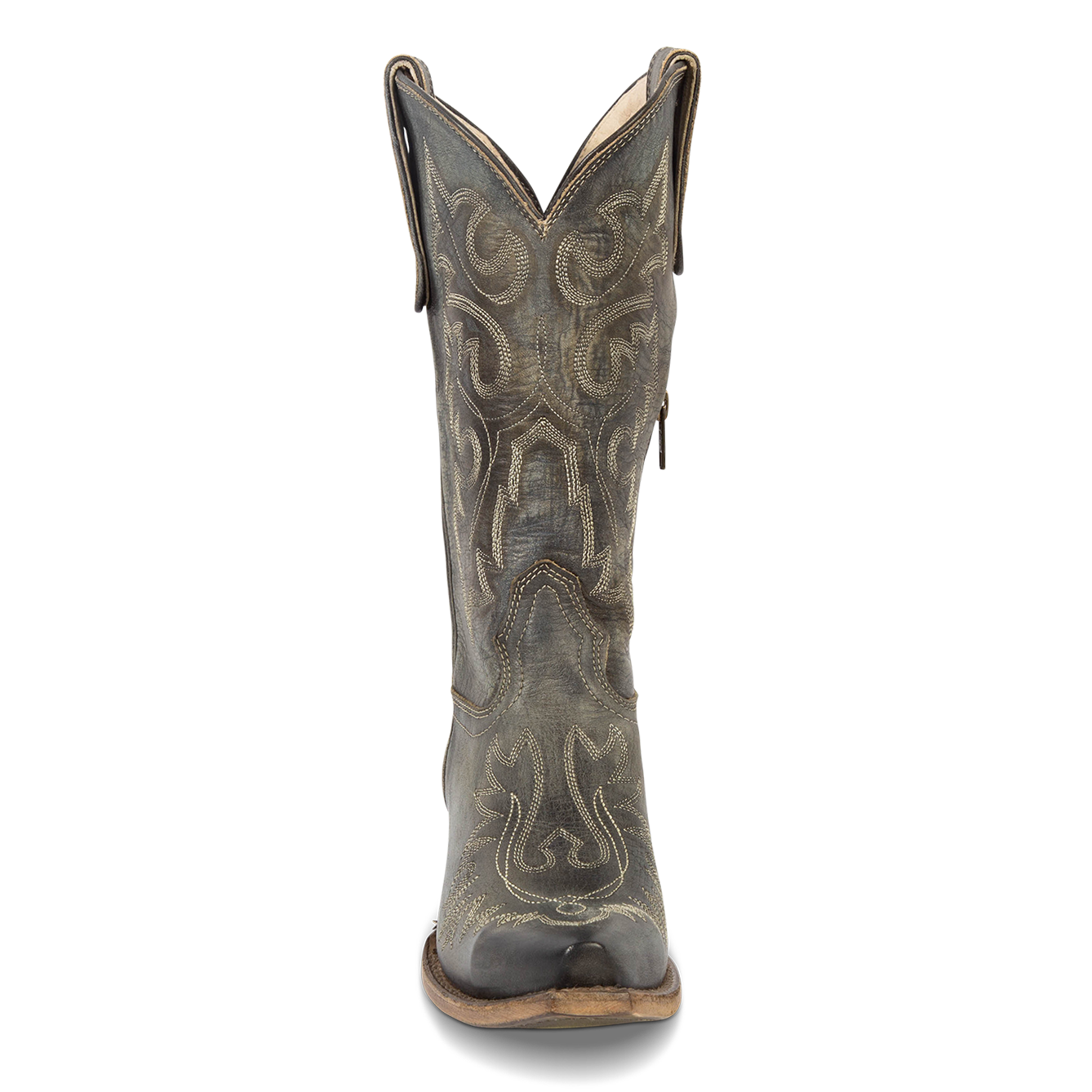 Front view showing FREEBIRD women's Wilson olive leather western boot with snip toe construction and intricate shaft and toe stitching