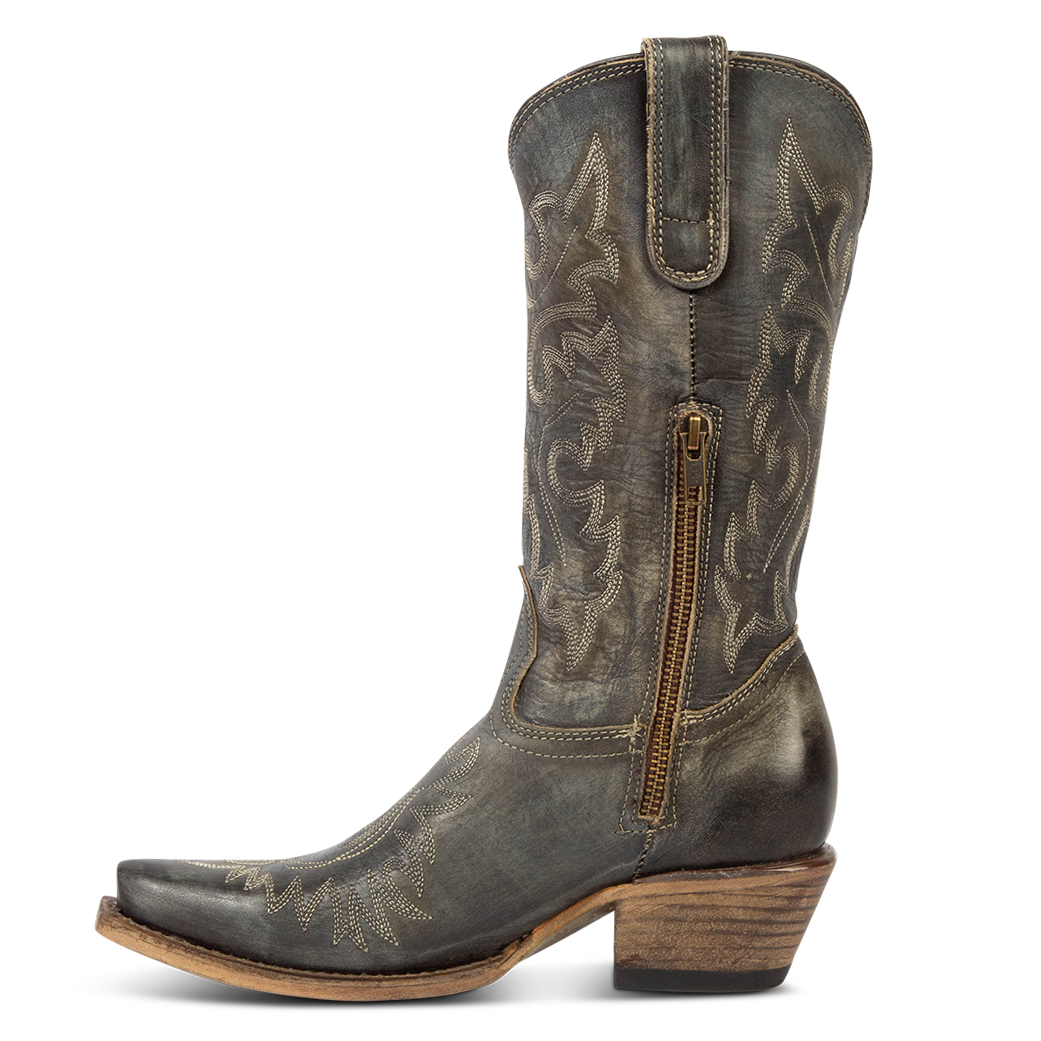 Side view showing snip toe construction, intricate shaft and toe stitching, and half zip closure on FREEBIRD women's Wilson olive leather western boot
