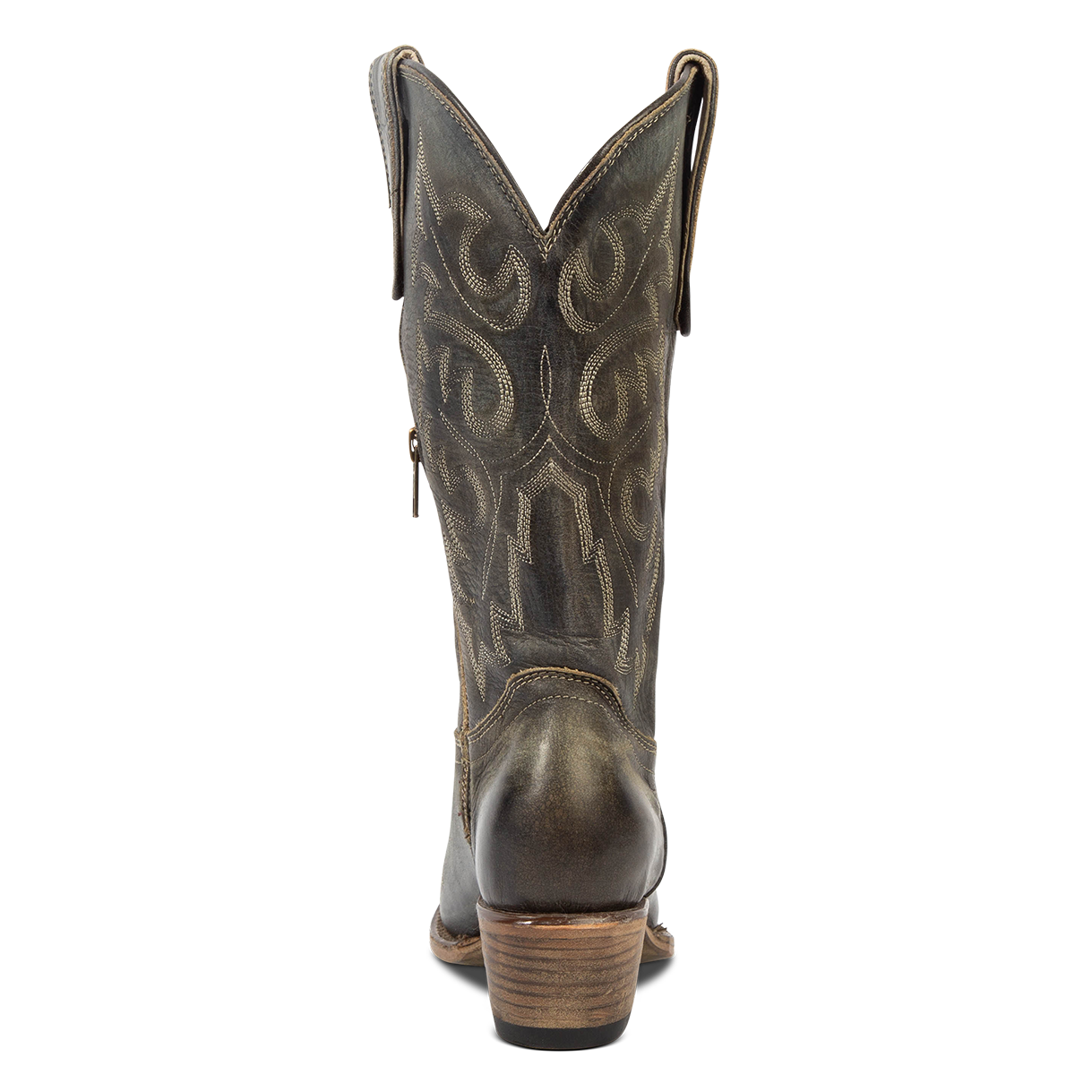 Back view showing intricate stitching and low heel on FREEBIRD women's Wilson olive leather western boot
