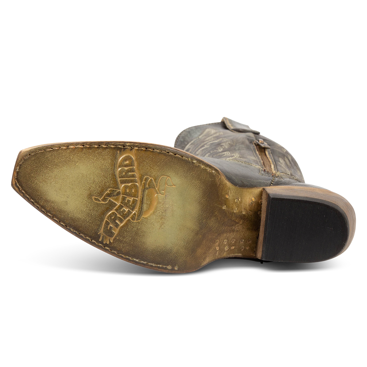Olive leather sole imprinted with FREEBIRD on women's Wilson olive leather western boot