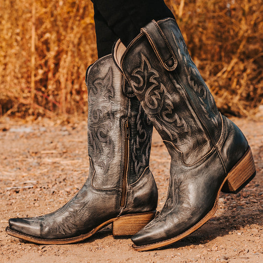 FREEBIRD women's Wilson olive leather western boot with snip toe construction, intricate shaft and toe stitching, and half zip closure