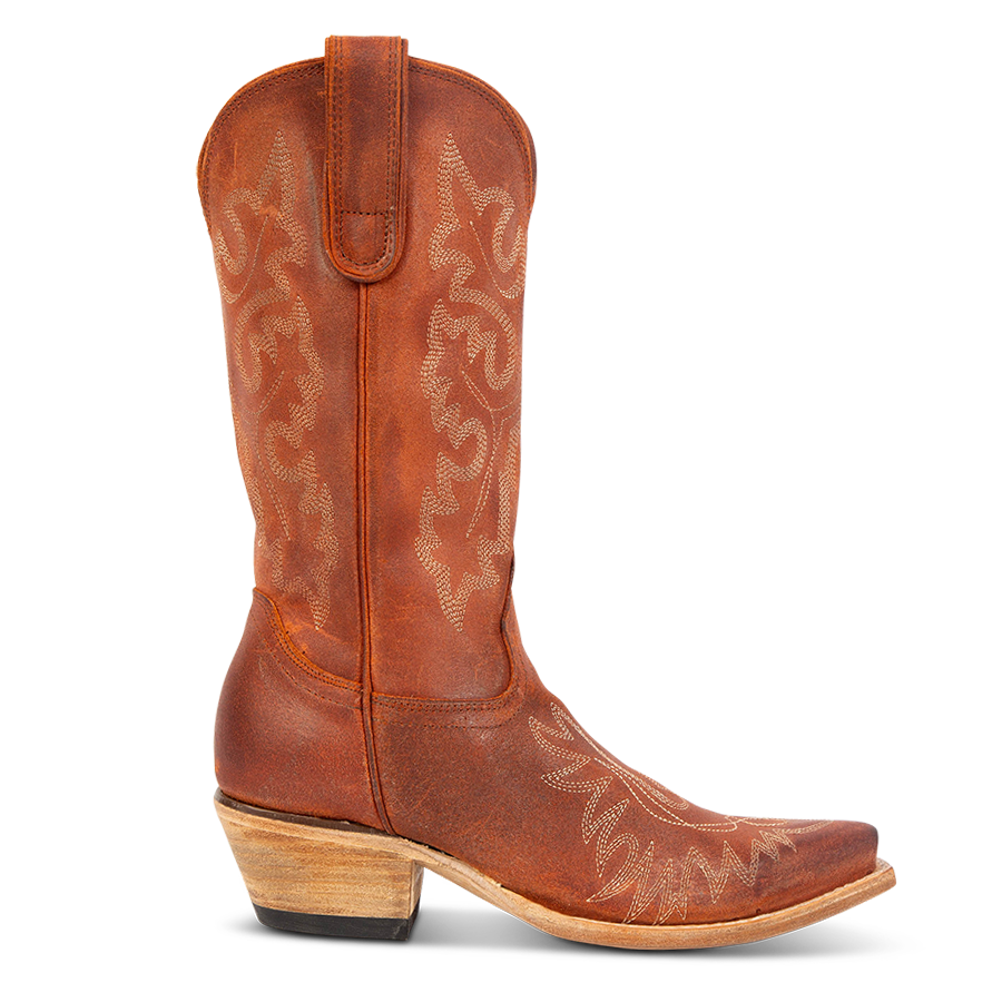 FREEBIRD women's Wilson rust suede western boot with snip toe construction, intricate shaft and toe stitching, and exterior pull strap