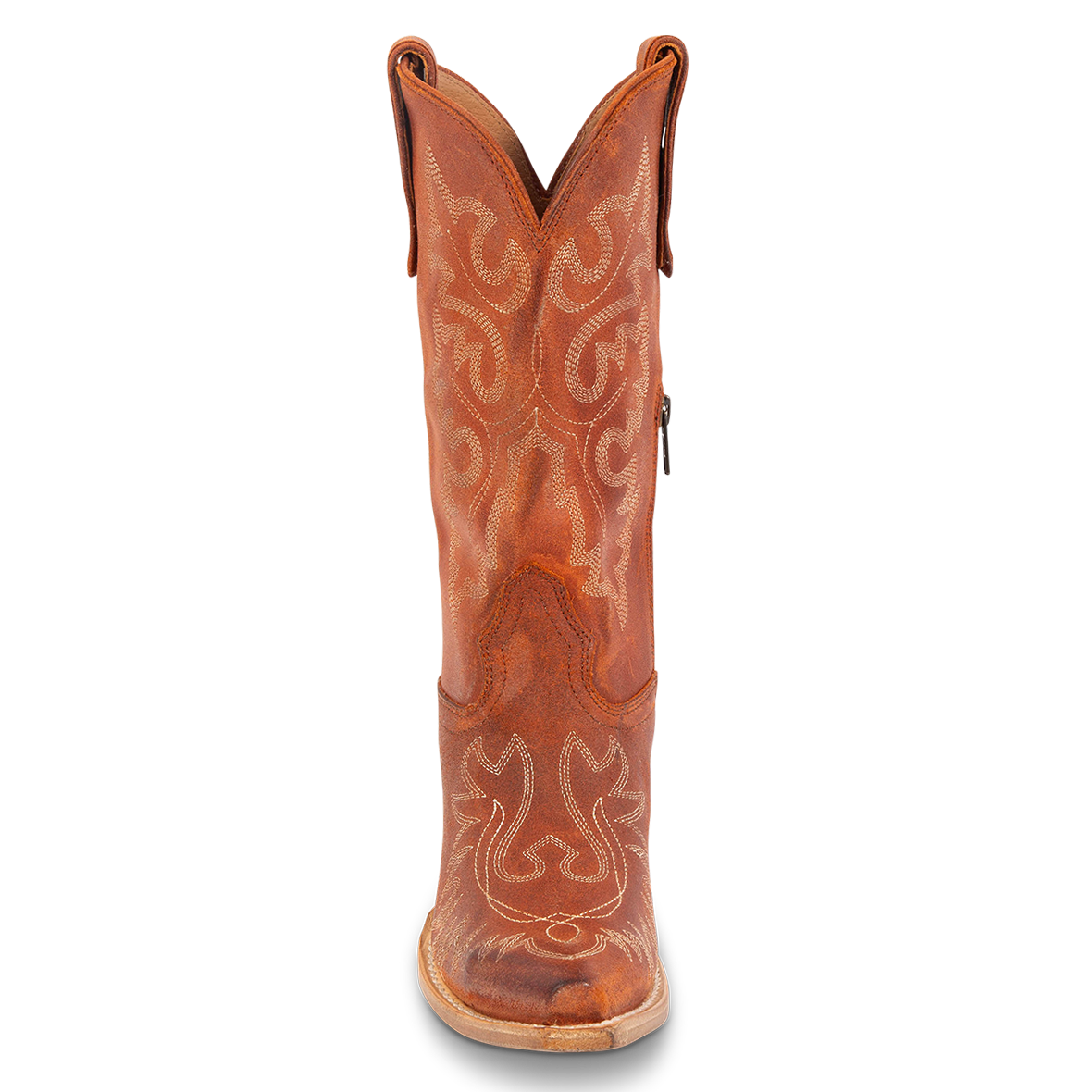 Front view showing FREEBIRD women's Wilson rust suede western boot with snip toe construction and intricate shaft and toe stitching