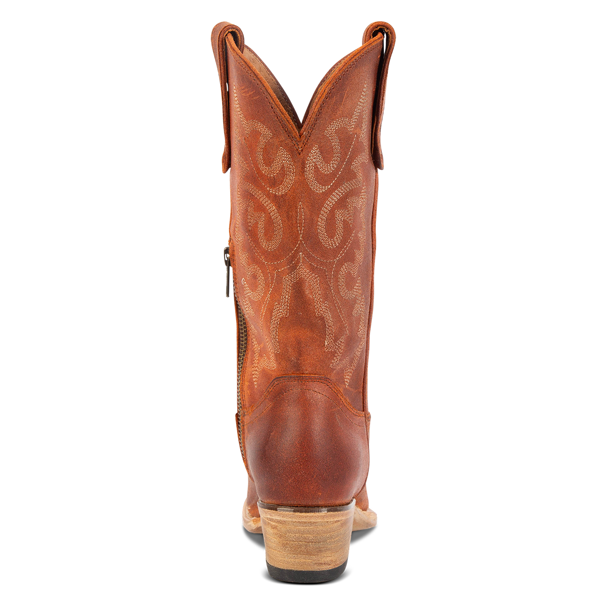 Back view showing intricate stitching and low heel on FREEBIRD women's Wilson rust suede western boot