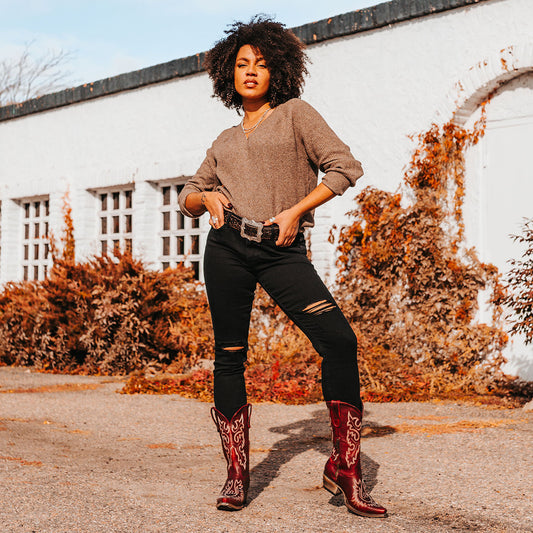 FREEBIRD women's Wilson wine leather western boot with snip toe construction, intricate shaft and toe stitching, and half zip closure lifestyle