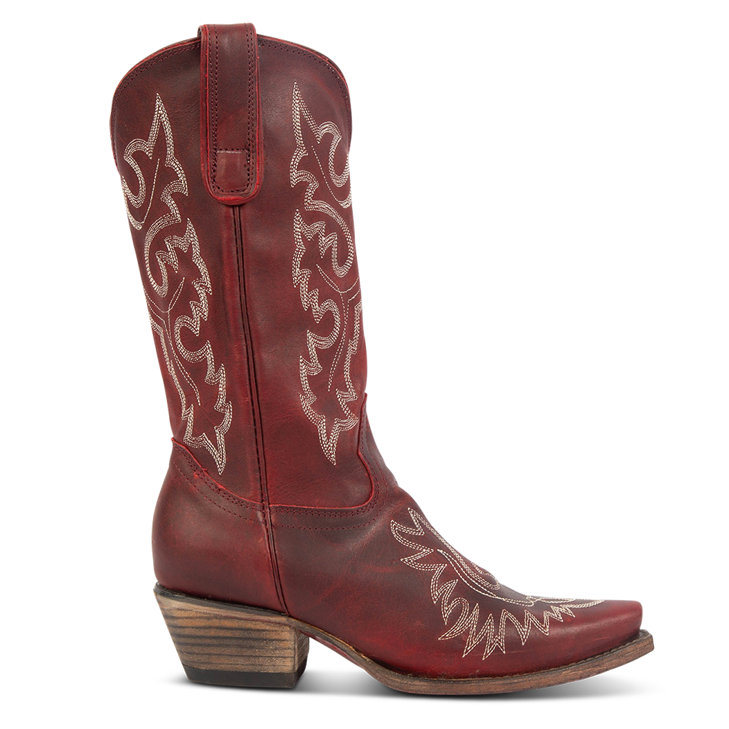 FREEBIRD women's Wilson wine leather western boot with snip toe construction, intricate shaft and toe stitching, and exterior pull strap