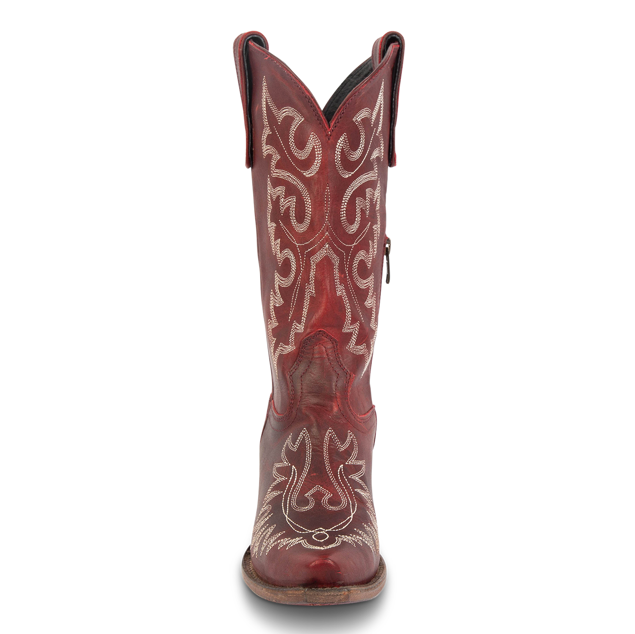 Front view showing FREEBIRD women's Wilson wine leather western boot with snip toe construction and intricate shaft and toe stitching