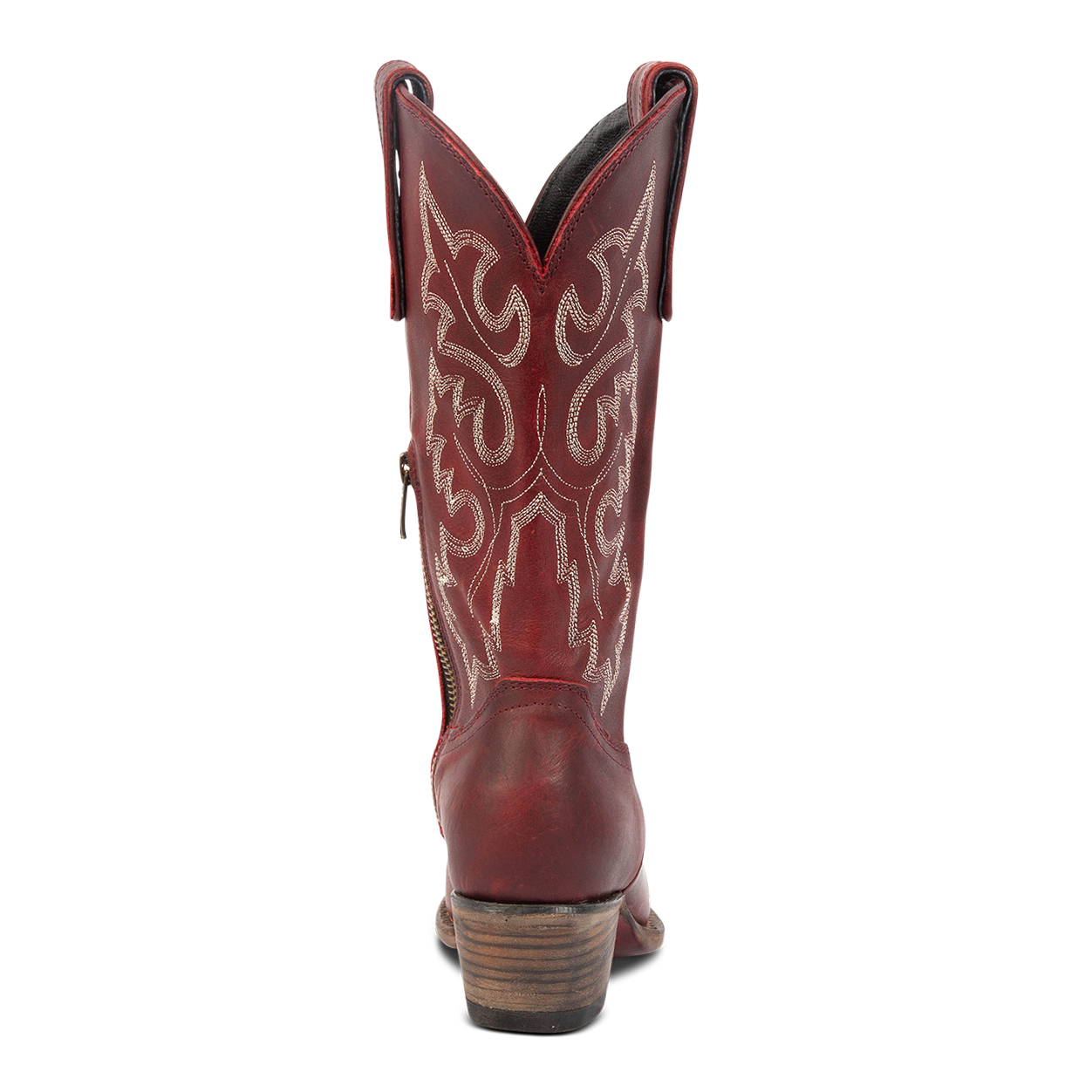 Back view showing intricate stitching and low heel on FREEBIRD women's Wilson wine leather western boot