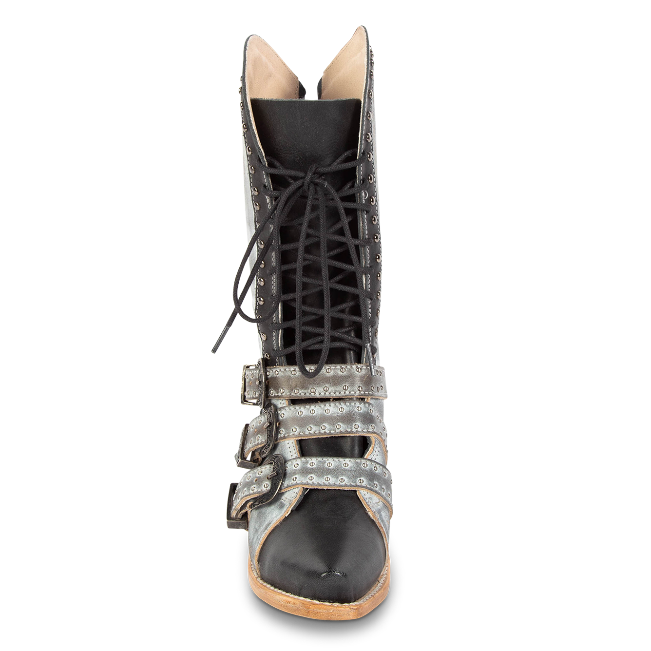 Front view showing lace up shaft, leather accents, and stud detailing on FREEBIRD women's Winnie ice multi boot