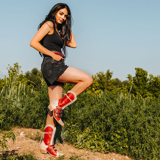 FREEBIRD women's Winnie red multi boot featuring a lace up shaft, leather accents, and a back brass zip closure lifestyle
