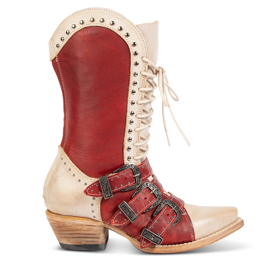 FREEBIRD women's Winnie red multi boot featuring a lace up shaft, leather accents, and a back brass zip closure