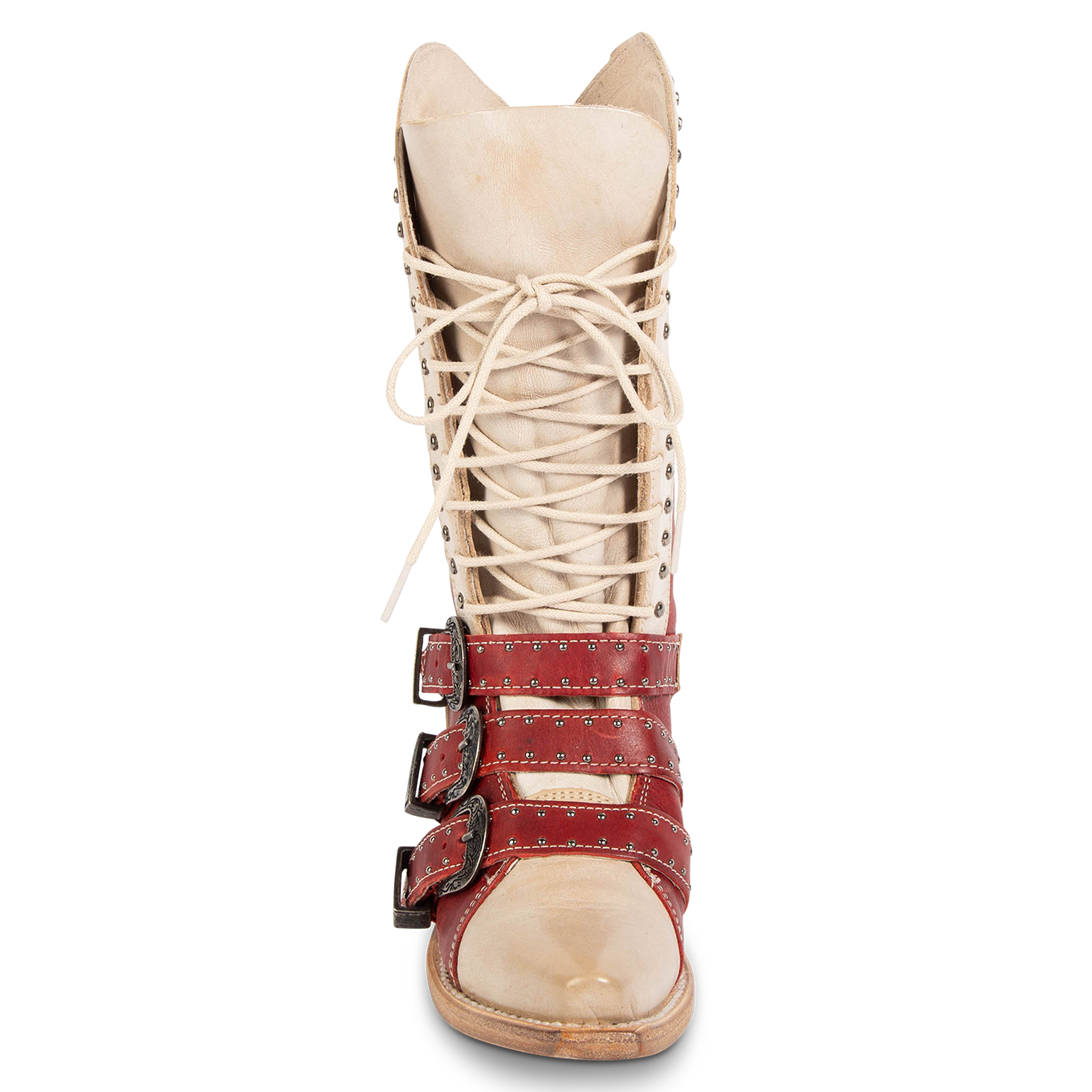 Front view showing lace up shaft, leather accents, and stud detailing on FREEBIRD women's Winnie red multi boot