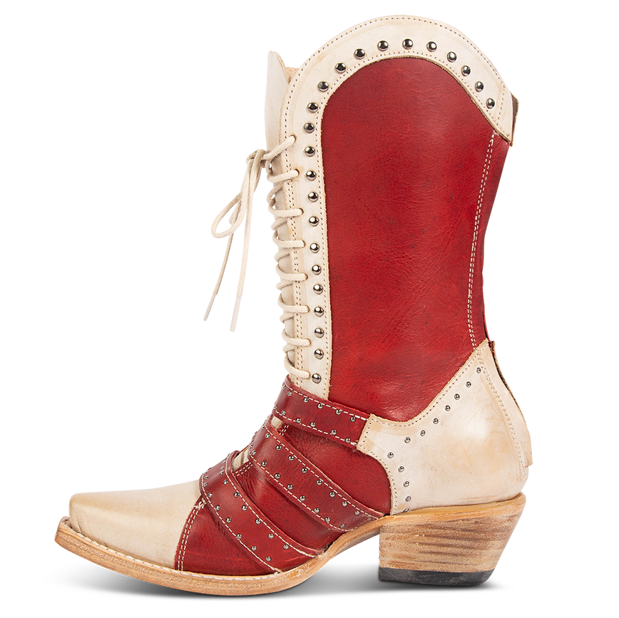 Inside view showing leather accents on FREEBIRD women's Winnie red multi western boot