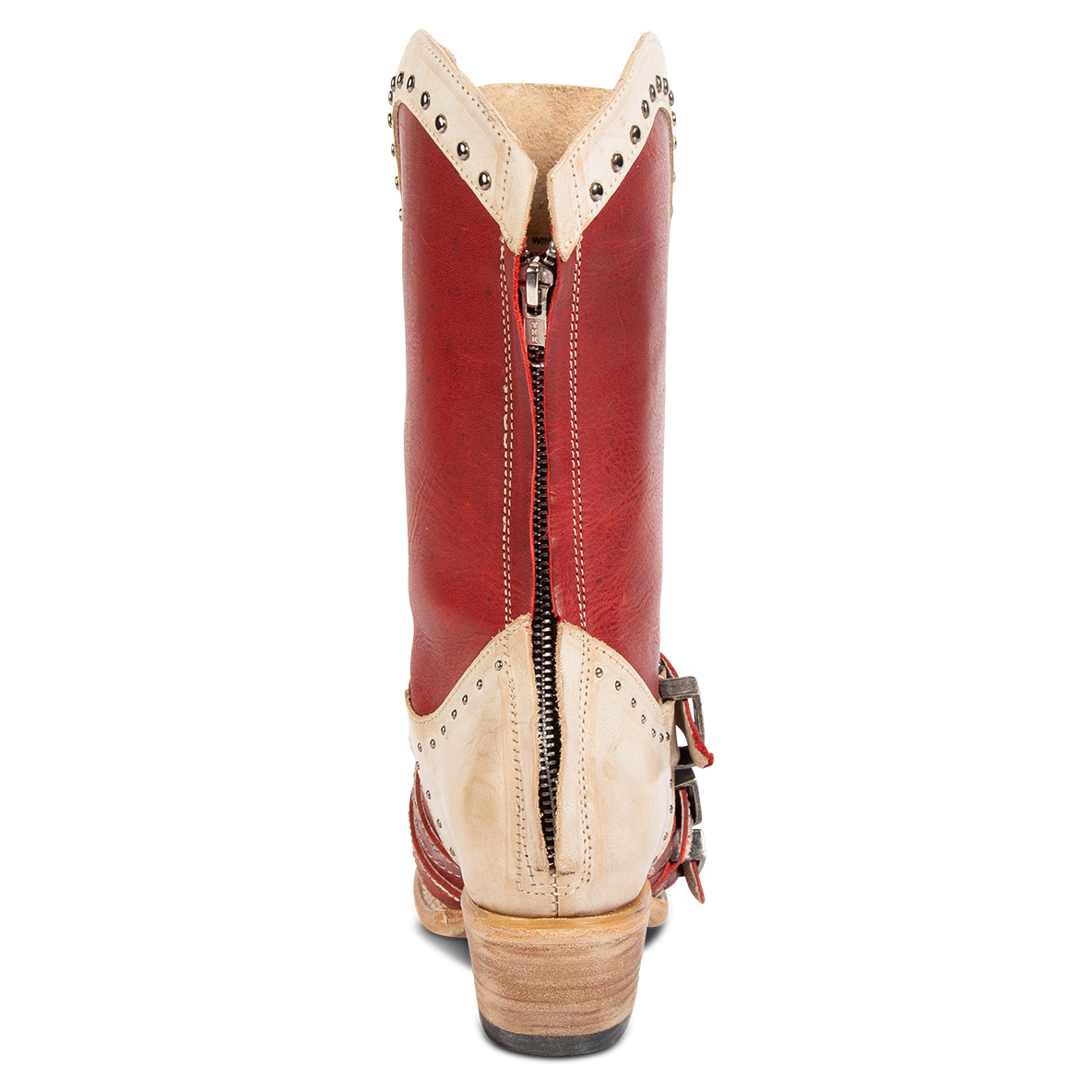 Back view showing brass zip closure and leather accents on FREEBIRD women's Winnie red multi western boot