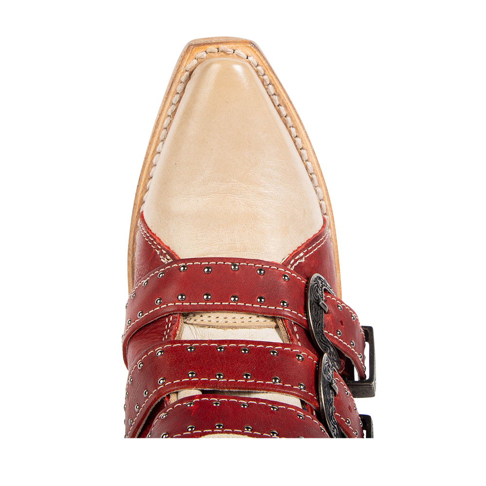 Top view showing snip toe on FREEBIRD women's Winnie red multi western boot