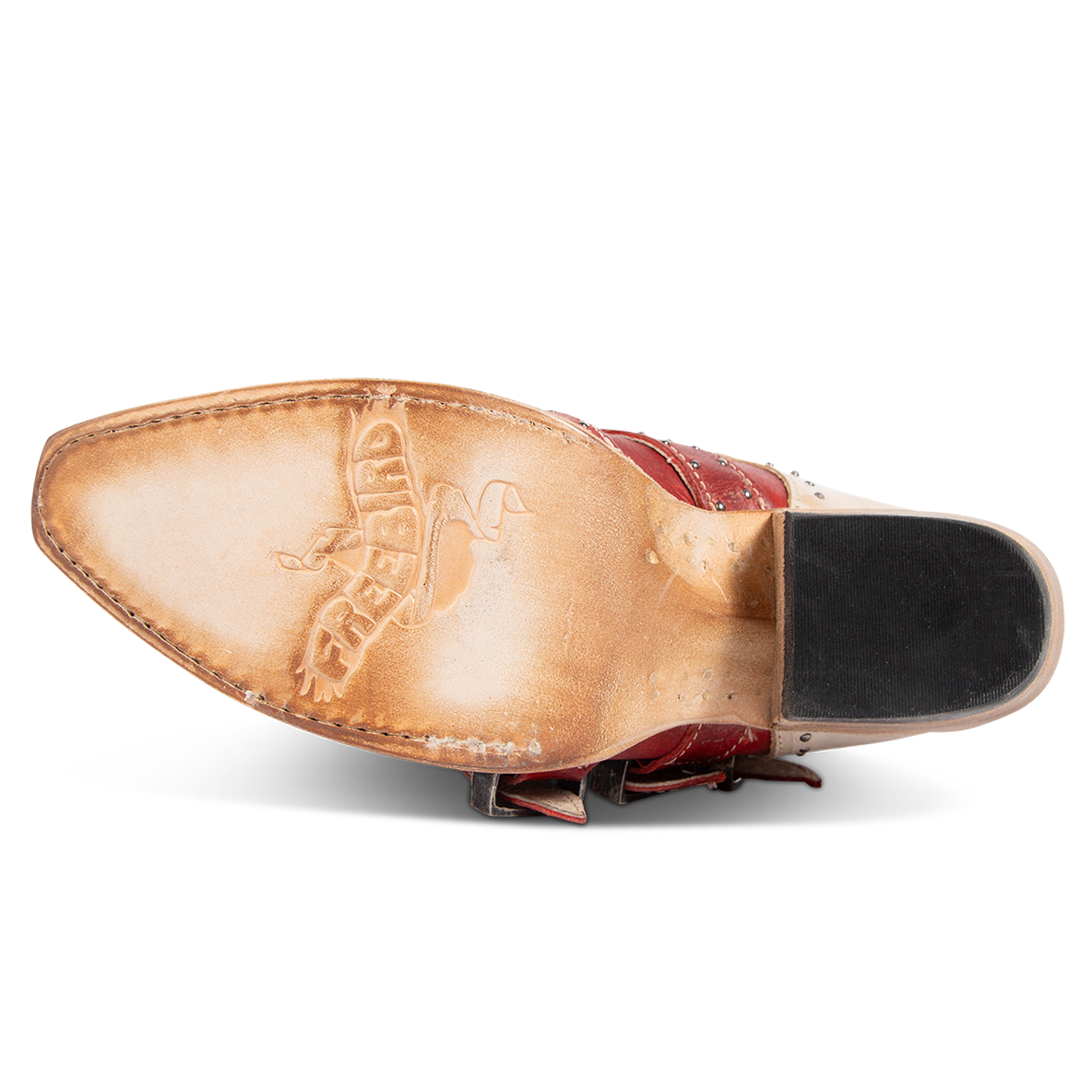 Leather sole imprinted with FREEBIRD on women's Winnie red multi western boot
