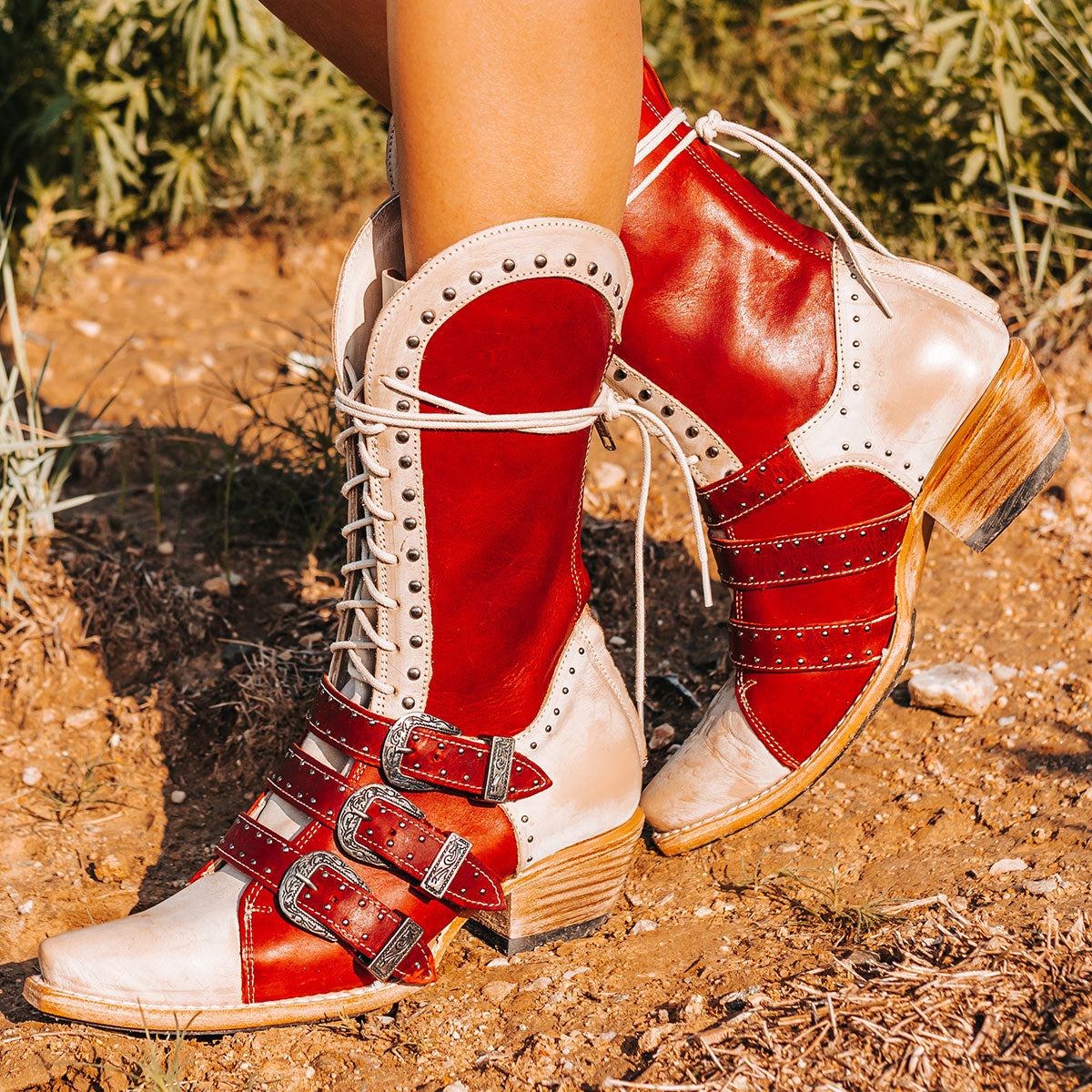 FREEBIRD women's Winnie red multi boot featuring a lace up shaft, leather accents, and a back brass zip closure