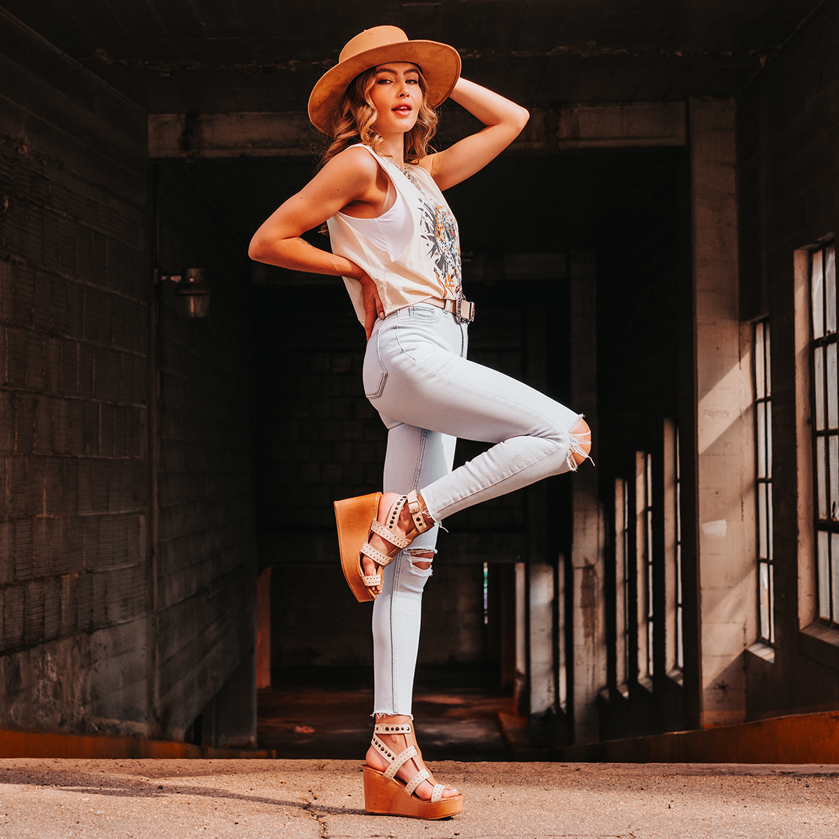 FREEBIRD women's Winter beige multi wedge heel platform sandal featuring an adjustable ankle strap and stud detailing lifestyle